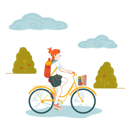 Girl going to school on bicycle  Illustration