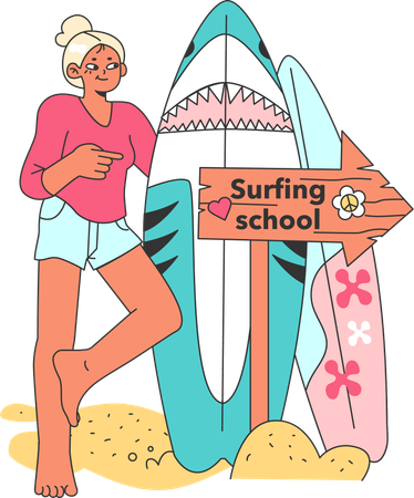 Girl going to surfing school  イラスト