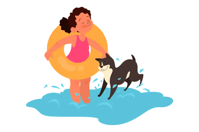 Girl going to swimming with pet dog Illustration