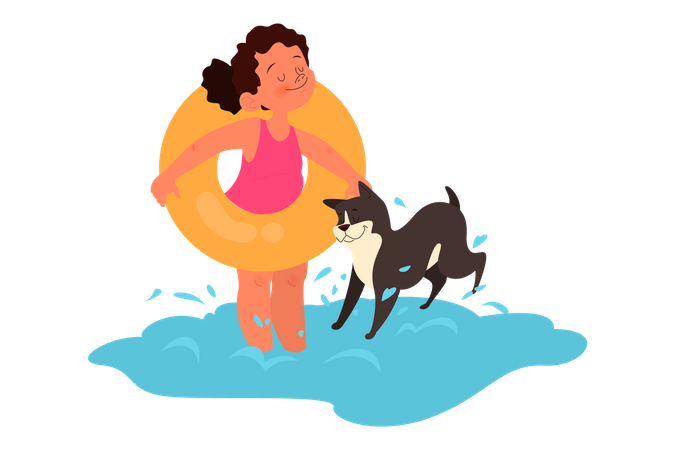 Girl going to swimming with pet dog  Illustration