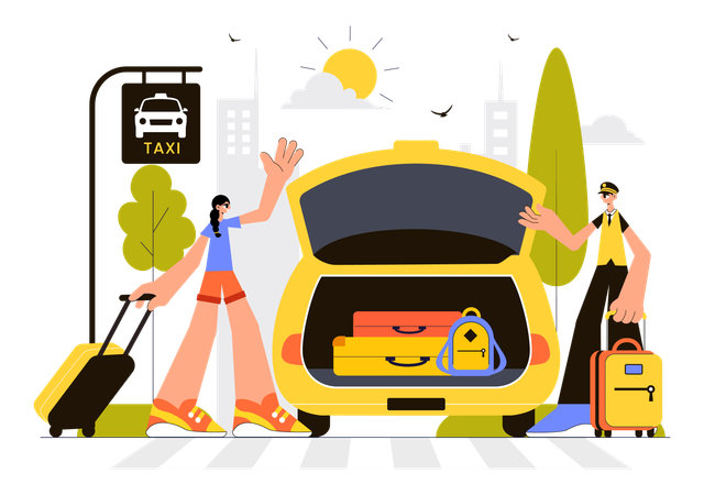 Girl going to trip with bags by Online taxi booking  Illustration