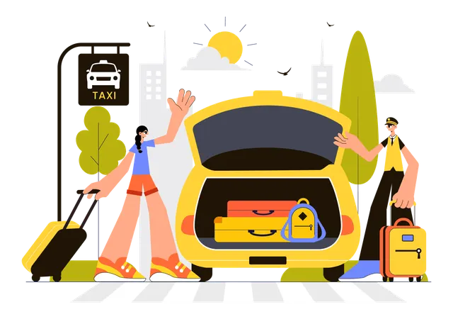 Girl going to trip with bags by Online taxi booking  Illustration