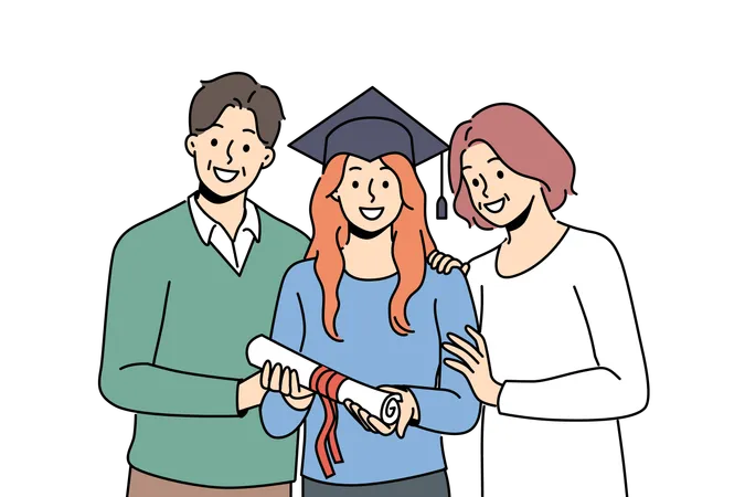Girl Graduate In Student Hat Holds Certificate Of Higher Education Standing With Parents Woman Graduate Of University Or College Rejoices At Receiving Diploma Of Academic Degree イラスト
