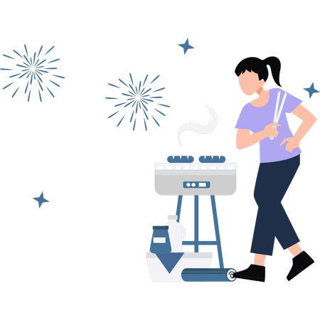 Girl grilling meat at party  Illustration