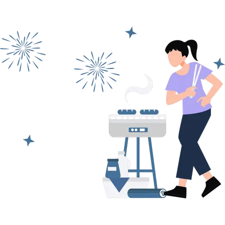 The Girl Is Grilling Meat At The Party Illustration