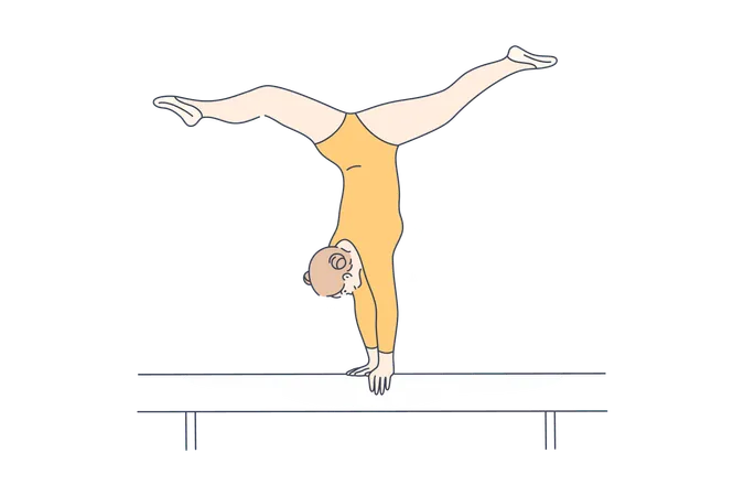Sport Perfomance Gymnastics Concept Young Professional Woman Girl Gymnast Cartoon Character Hand Standing On Balance Beam Balancing On Tournament Active Lifestyle And Flexibility Illustration Illustration