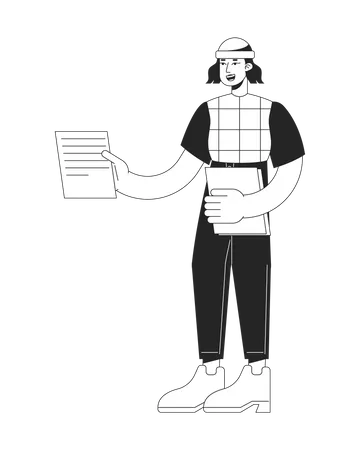 Stylish Girl Handing Out Papers Monochromatic Flat Vector Character Linear Hand Drawn Sketch Editable Full Body Person Simple Black And White Spot Illustration For Web Graphic Design And Animation Illustration