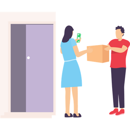 Girl handing over cash to delivery executive Illustration
