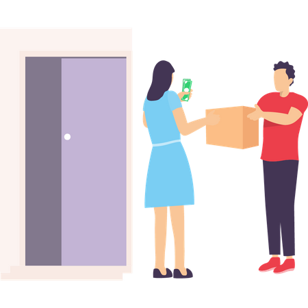 Girl handing over cash to delivery executive  Illustration