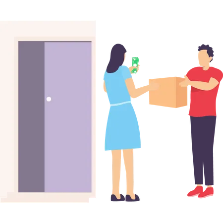 Girl handing over cash to delivery executive  Illustration