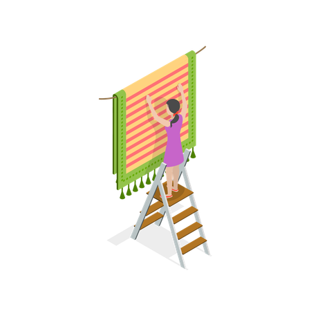 Girl hanging carpet on rope  Illustration