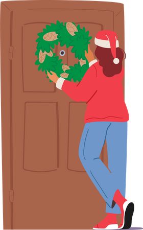 Girl hanging wreath on front door during christmas  Illustration