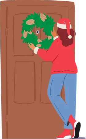 Girl hanging wreath on front door during christmas  Illustration