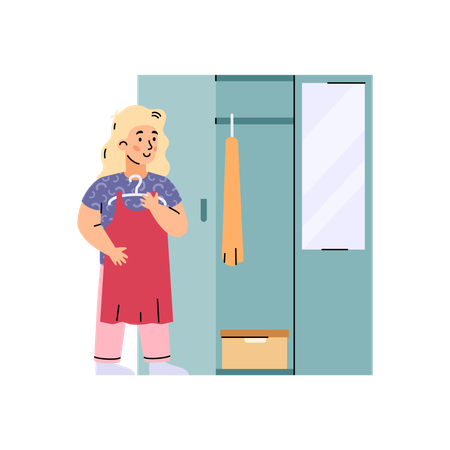 Girl hangs clean clothes in closet  Illustration