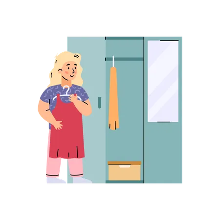 Girl hangs clean clothes in closet  Illustration