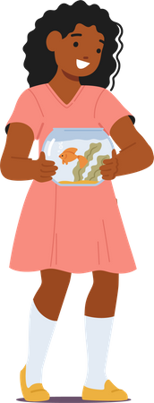 Girl happily holds pet fish  Illustration