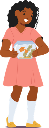 Girl happily holds pet fish  Illustration