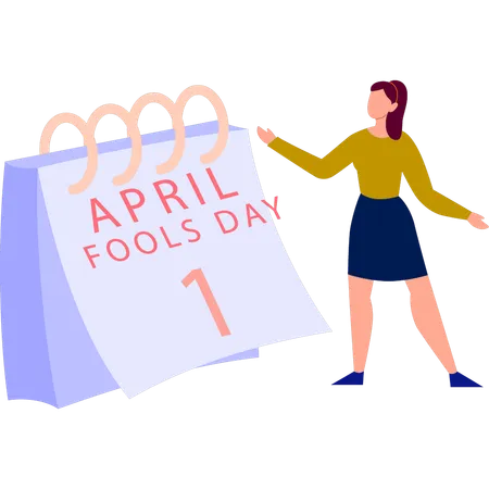 Girl happily showing the April fools date  Illustration