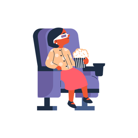 Girl happily watching a movie wearing 3d glasses and holding popcorn  Illustration