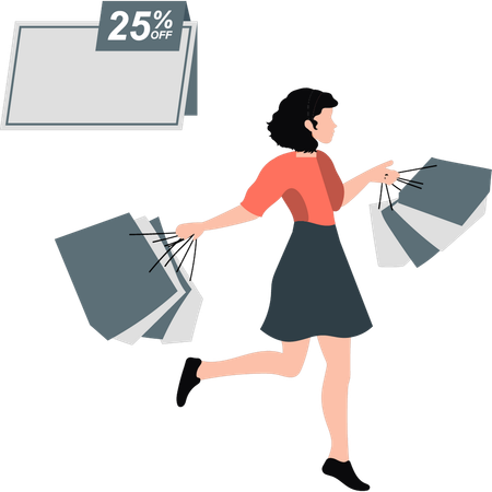 Girl happy after shopping at 50 percentage off  イラスト