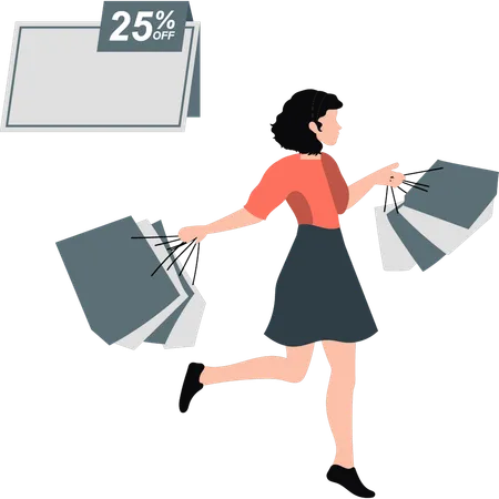 Girl happy after shopping at 50 percentage off  Illustration