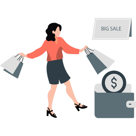 Girl happy for big shopping sale  Illustration