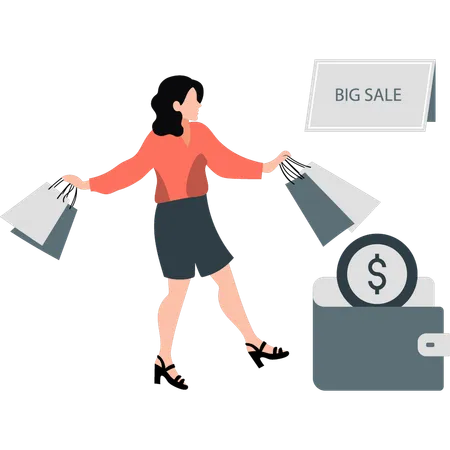 Girl happy for big shopping sale  Illustration