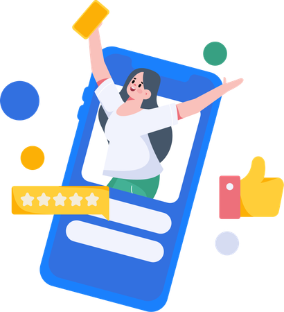 Girl happy for five stars rating on social media  Illustration