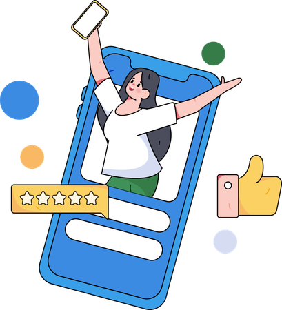 Girl happy for five stars rating on social media  Illustration