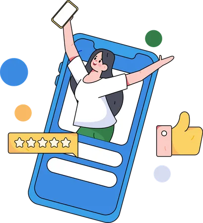 Girl happy for five stars rating on social media  Illustration