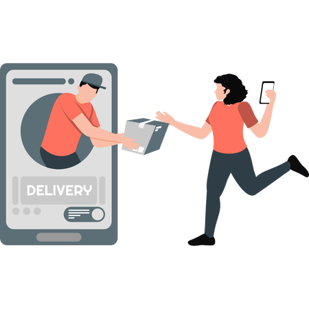 Girl happy to receive the parcel online  Illustration