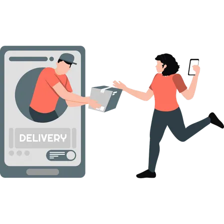 Girl happy to receive the parcel online  Illustration