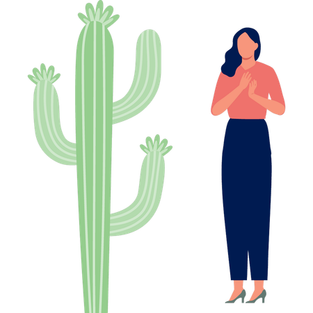 Girl happy with euphorbia lngens cactus  Illustration