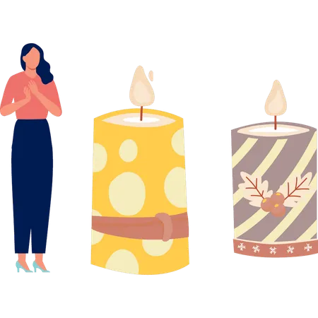 Girl happy with paraffin wax candle  Illustration