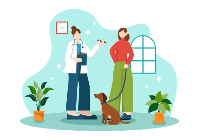 Girl has come to veterinary doctor for checkup  イラスト