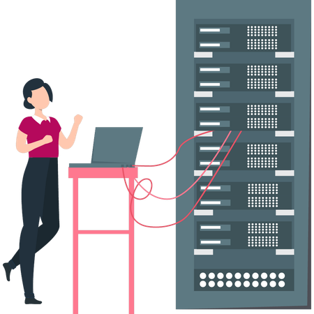 Girl has connected the database servers to laptop  Illustration