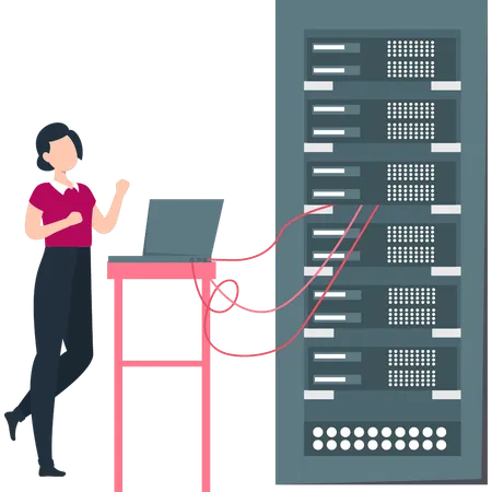The Girl Has Connected The Database Servers To Laptop Illustration