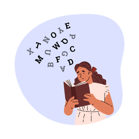 Girl has difficulties in reading book  Illustration