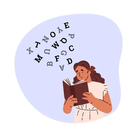 Girl has difficulties in reading book  Illustration