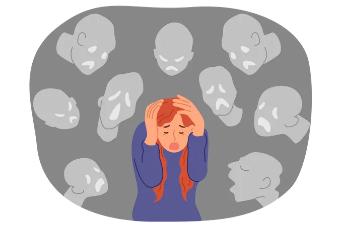 Girl With Panic Attack Caused By Hallucinations Causing Visions Of Ghosts And Spirits Woman Suffers From Hallucinations And Screams Covering Head With Hands In Need Of Psychotropic Medications Illustration