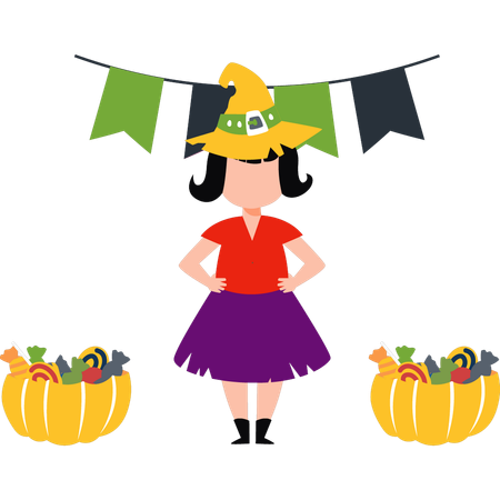 Girl has two buckets of Halloween candy  Illustration