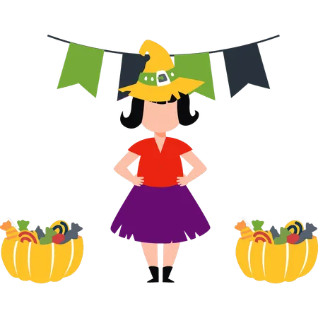 Girl has two buckets of Halloween candy  Illustration