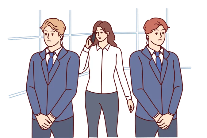 Two Bodyguards Near Businesswoman Talking On Phone And Needing Protection Due To Personal Threats Bodyguards In Suit Protect Celebrity Girl Or Politician Making Call On Smartphone Illustration