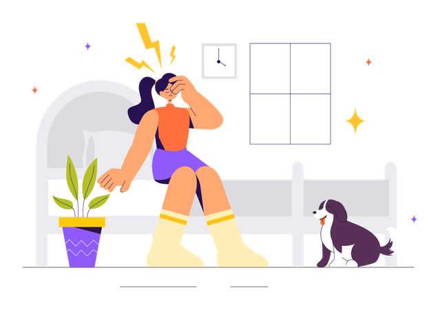 Girl have headache while sitting on couch  Illustration