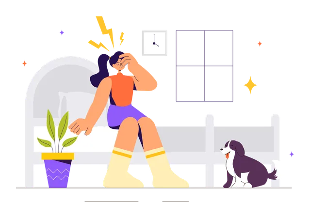 Girl have headache while sitting on couch  Illustration