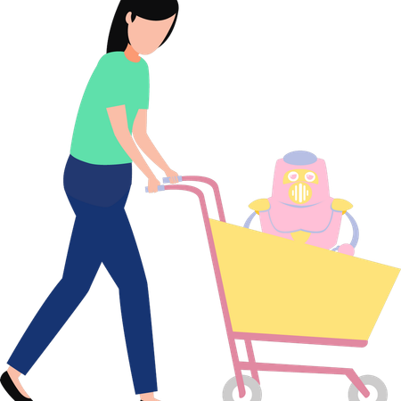 Girl have purchased robot and kept in shopping trolley  Illustration