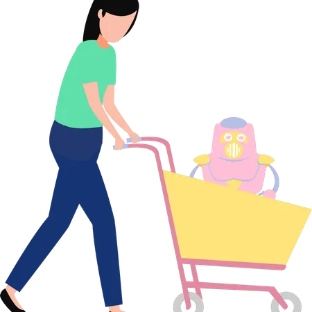 Girl have purchased robot and kept in shopping trolley  Illustration