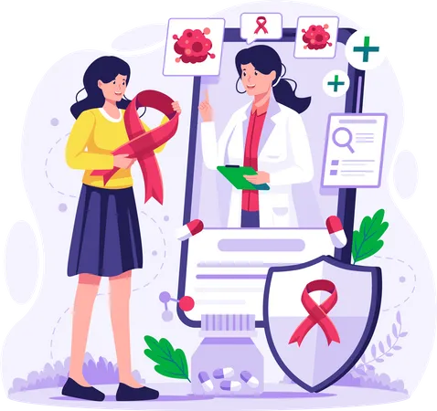 Girl having an online consultation with a doctor regarding cancer treatment Illustration