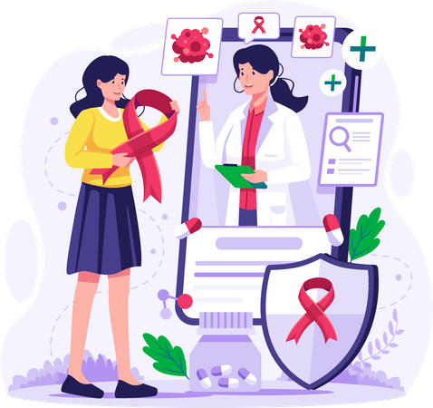 Girl having an online consultation with a doctor regarding cancer treatment  Illustration