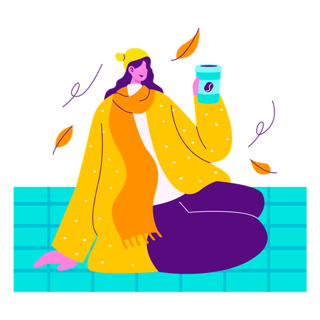 Girl Having Coffee During Autumn  Illustration